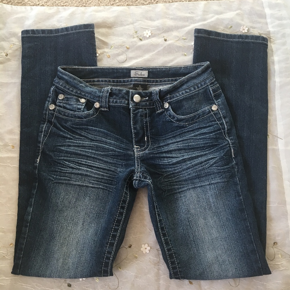 Suko Jeans Boot Cut Embellished Embroidered Faded Dark Wash Low Rise